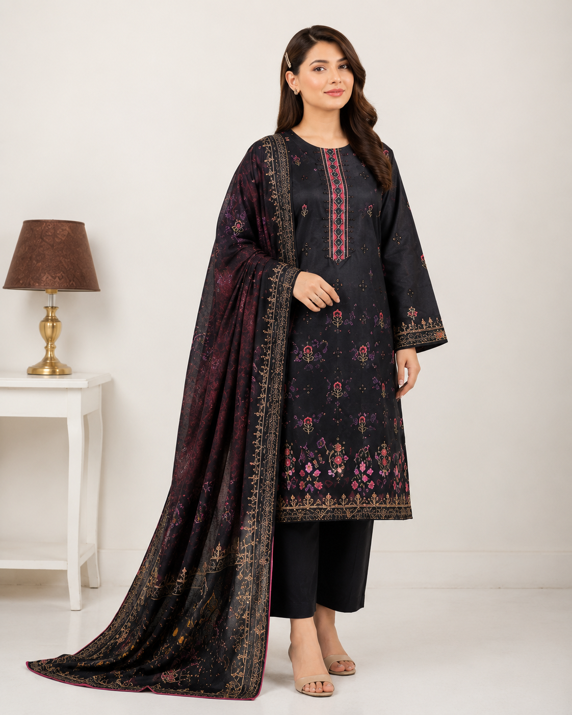 Deep Navy Blue Digital Lawn Cutwork Suit – 3 Piece