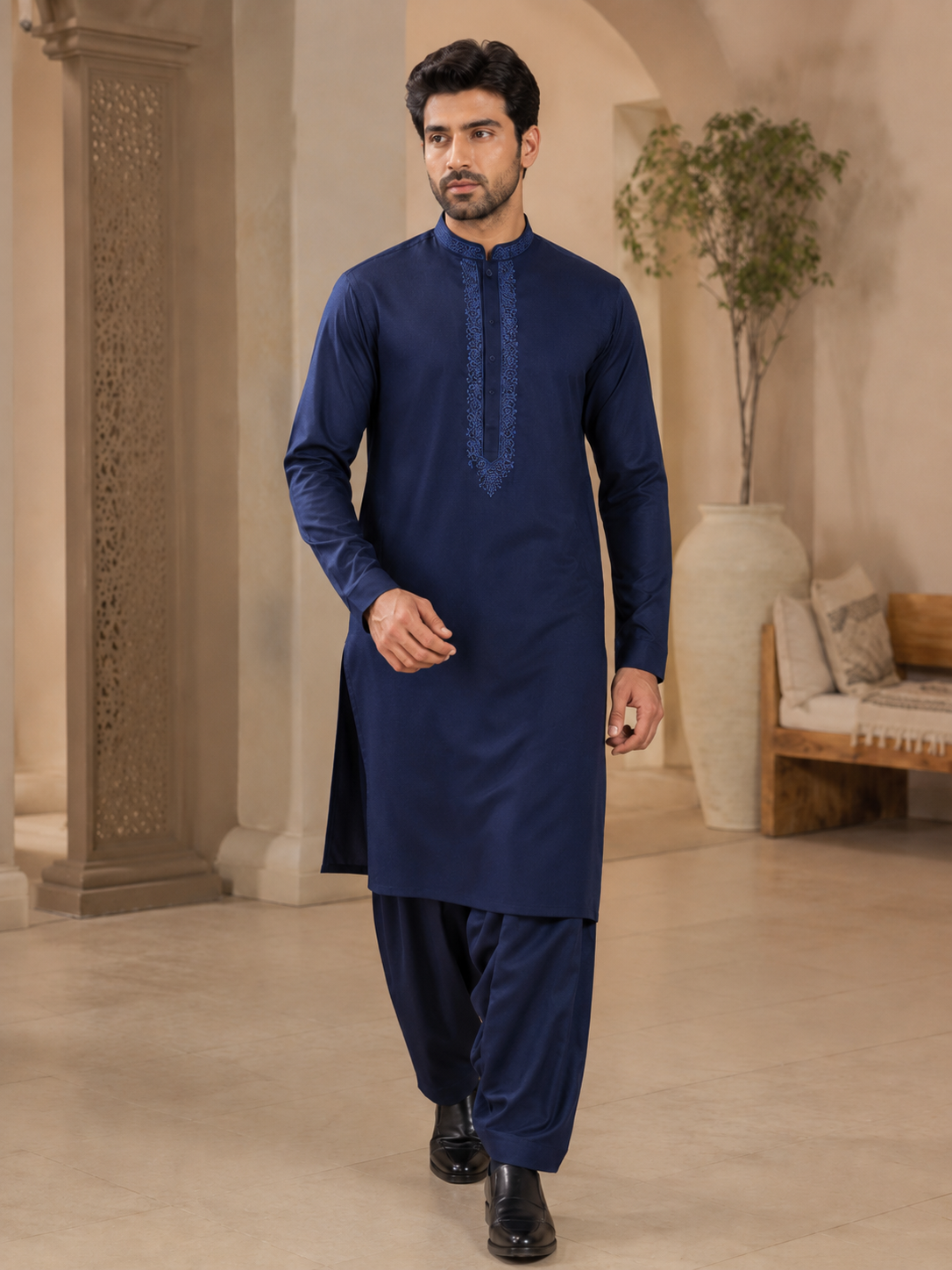 Deep Navy Blue Gents Gala Embroidered Unstitched Suit