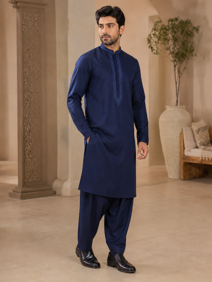 Deep Navy Blue Gents Gala Embroidered Unstitched Suit