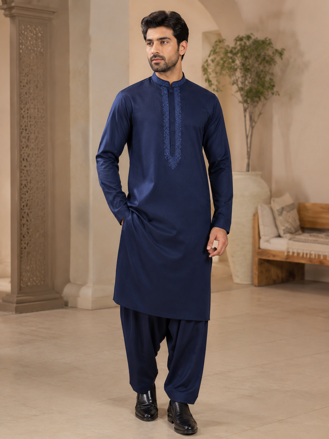 Deep Navy Blue Gents Gala Embroidered Unstitched Suit
