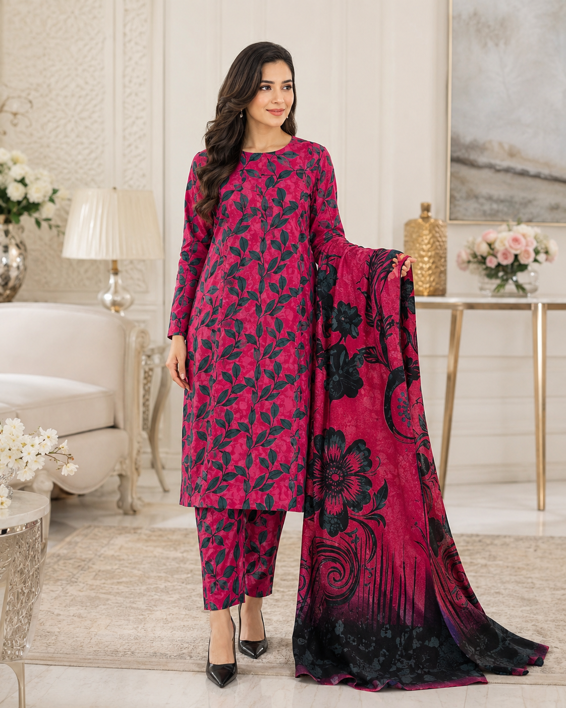 Deep Red & Black Digital Printed Lawn – Women’s 3-Piece Unstitched Suit
