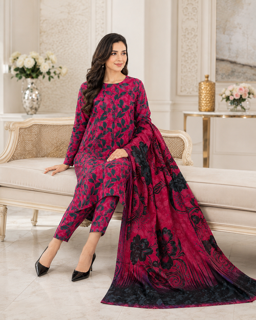 Deep Red & Black Digital Printed Lawn – Women’s 3-Piece Unstitched Suit