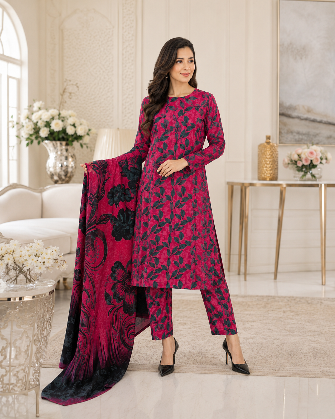 Deep Red & Black Digital Printed Lawn – Women’s 3-Piece Unstitched Suit