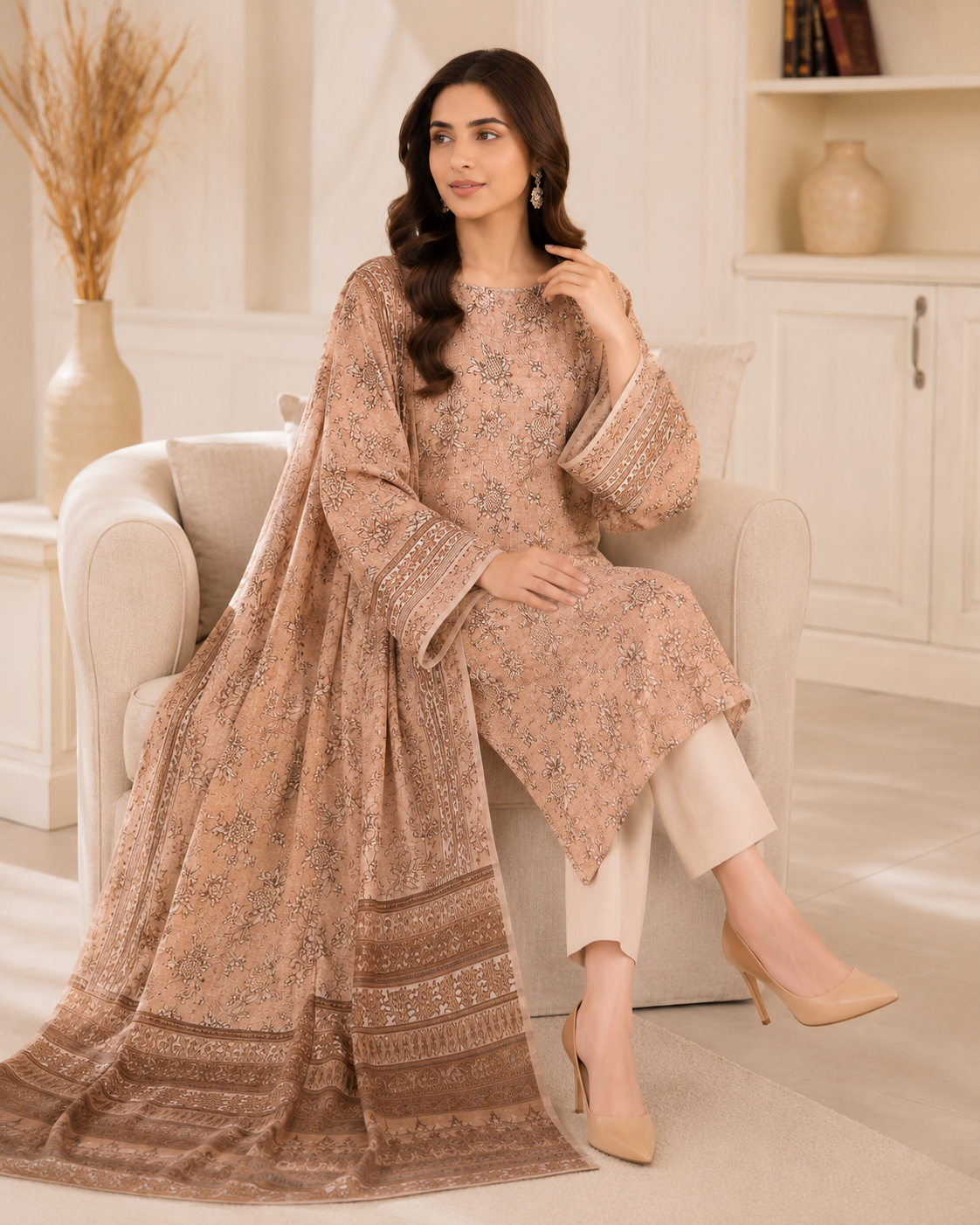Dusty Peach Mother Collection Printed Lawn – Women’s 3-Piece Unstitched Suit