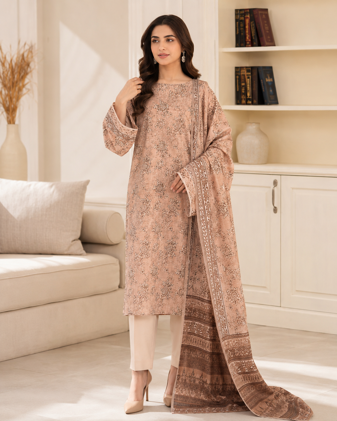 Dusty Peach Mother Collection Printed Lawn – Women’s 3-Piece Unstitched Suit