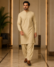 Light Sand Beige Lining Texture Cotton – Men’s 2-Piece Unstitched Suit