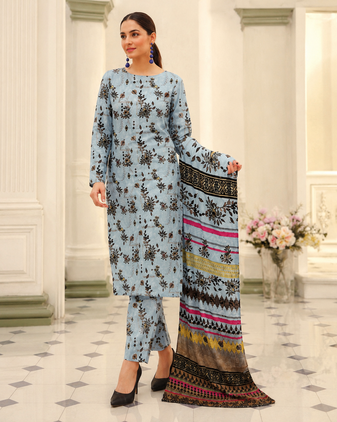 Light Blue Floral Digital Printed Lawn – Women’s 3-Piece Unstitched Suit