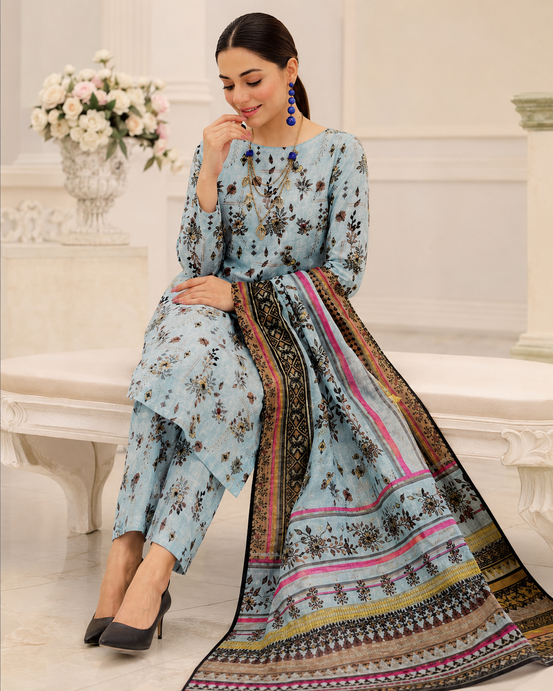 Light Blue Floral Digital Printed Lawn – Women’s 3-Piece Unstitched Suit