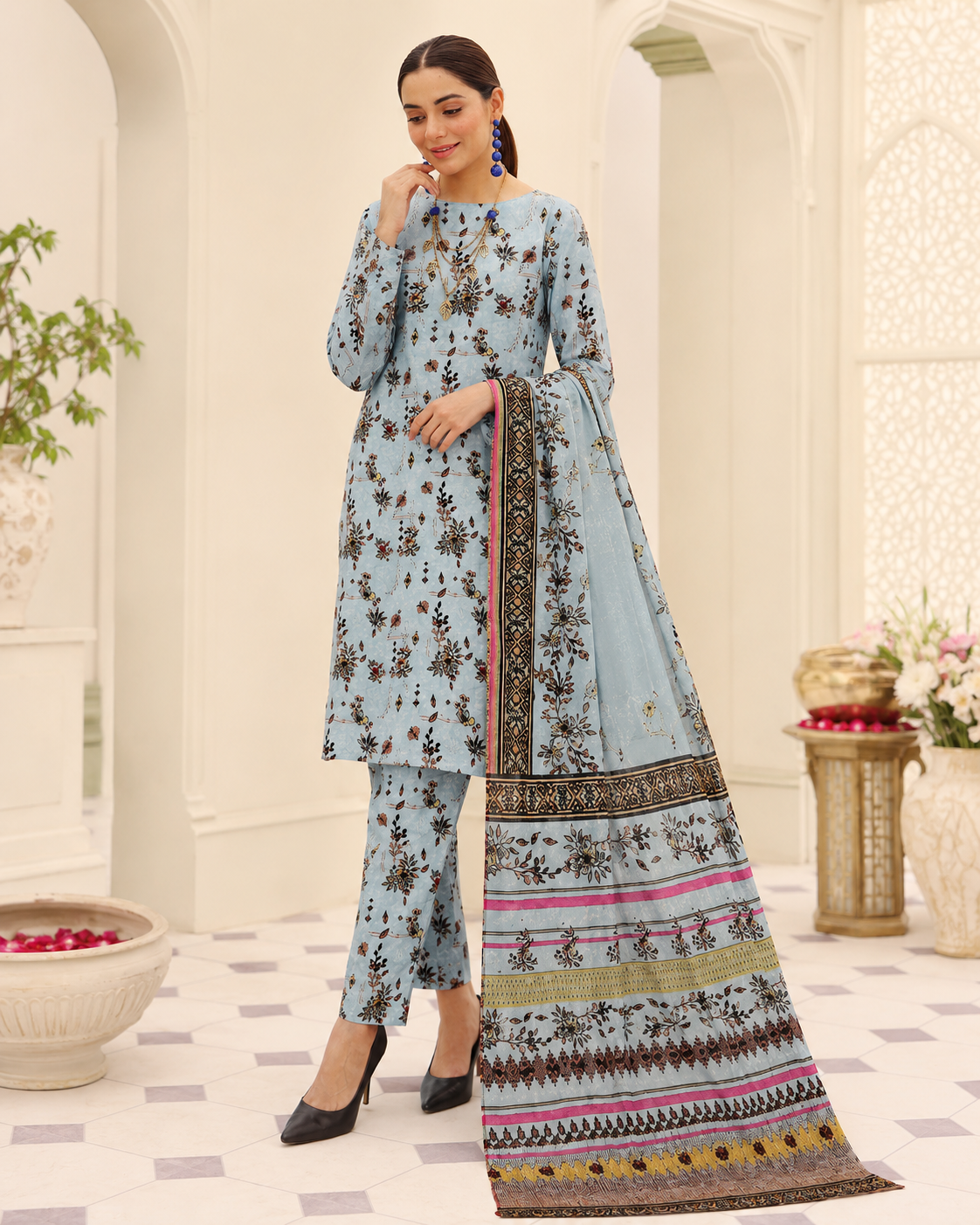 Light Blue Floral Digital Printed Lawn – Women’s 3-Piece Unstitched Suit
