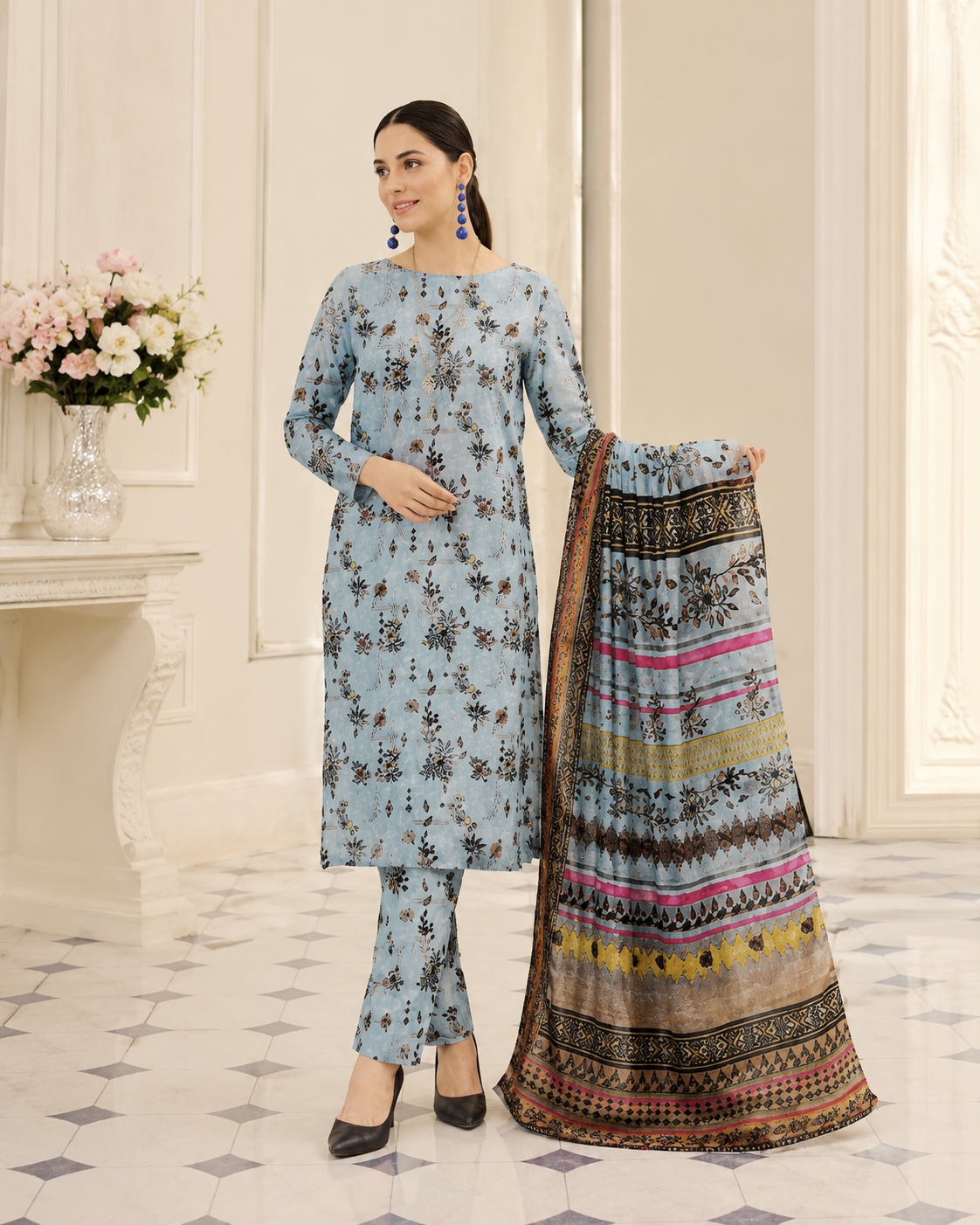 Light Blue Floral Digital Printed Lawn – Women’s 3-Piece Unstitched Suit