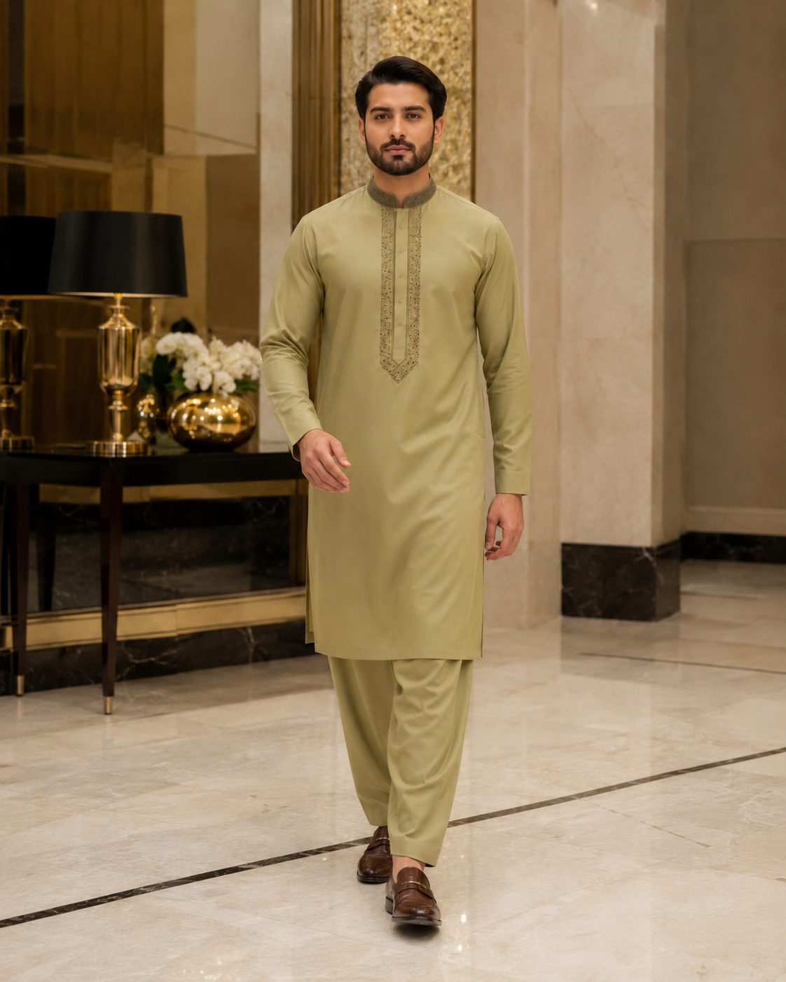 Light Olive Khaki Gala Embroidered Unstitched Gents Suit