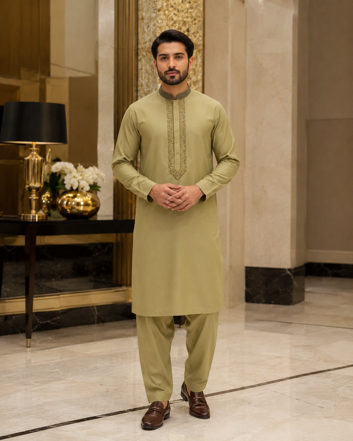 Light Olive Khaki Gala Embroidered Unstitched Gents Suit