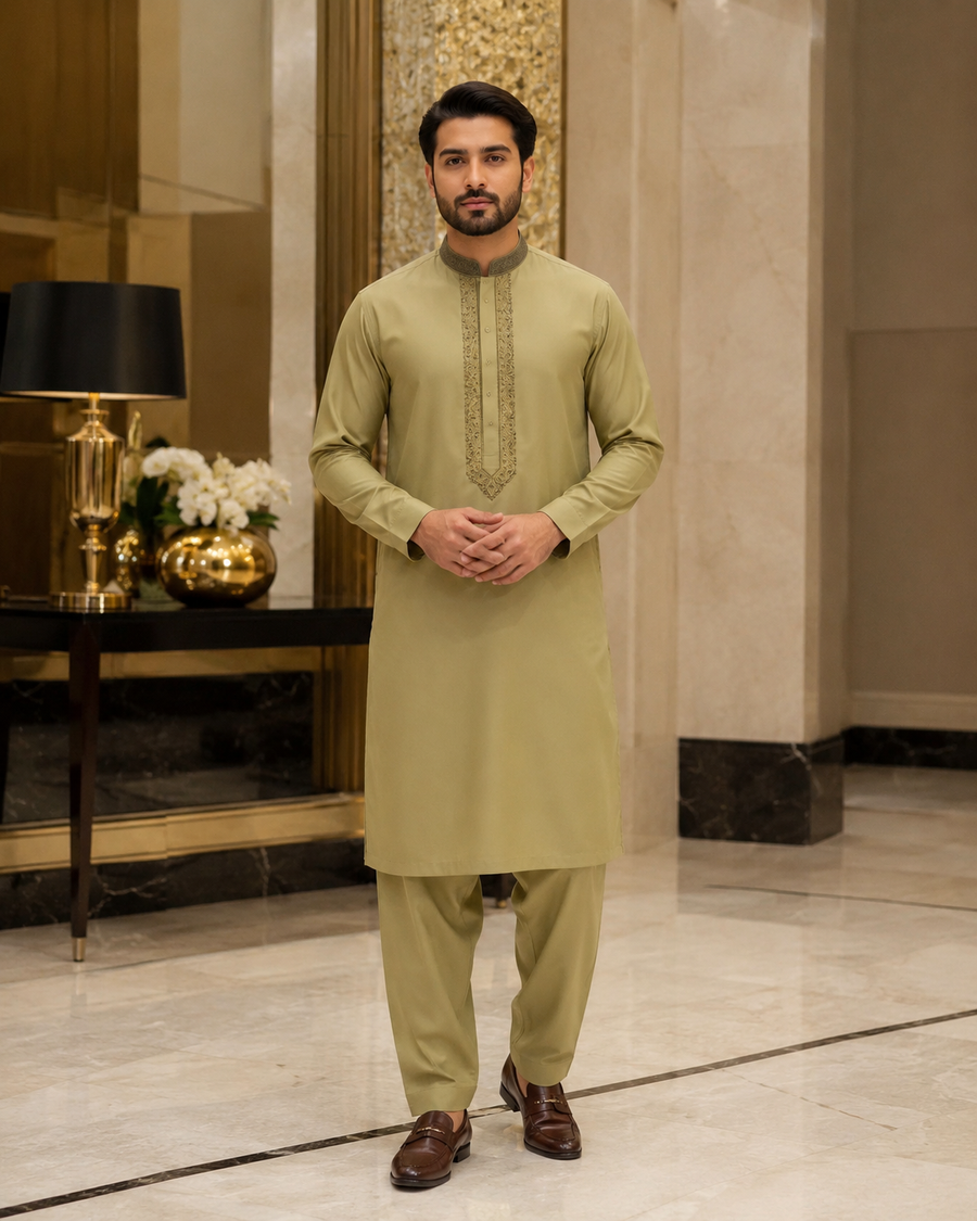 Light Olive Khaki Gala Embroidered Unstitched Gents Suit