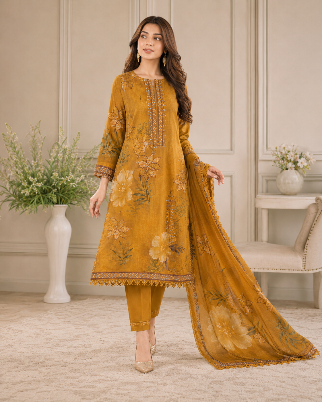 Ladies Premium Mustard Floral Embroidered 3-Piece Unstitched Suit