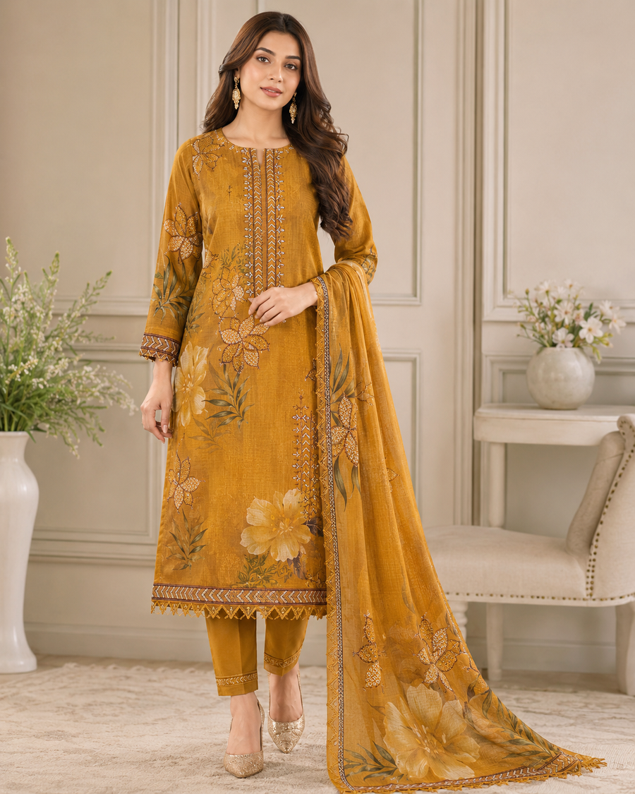 Ladies Premium Mustard Floral Embroidered 3-Piece Unstitched Suit
