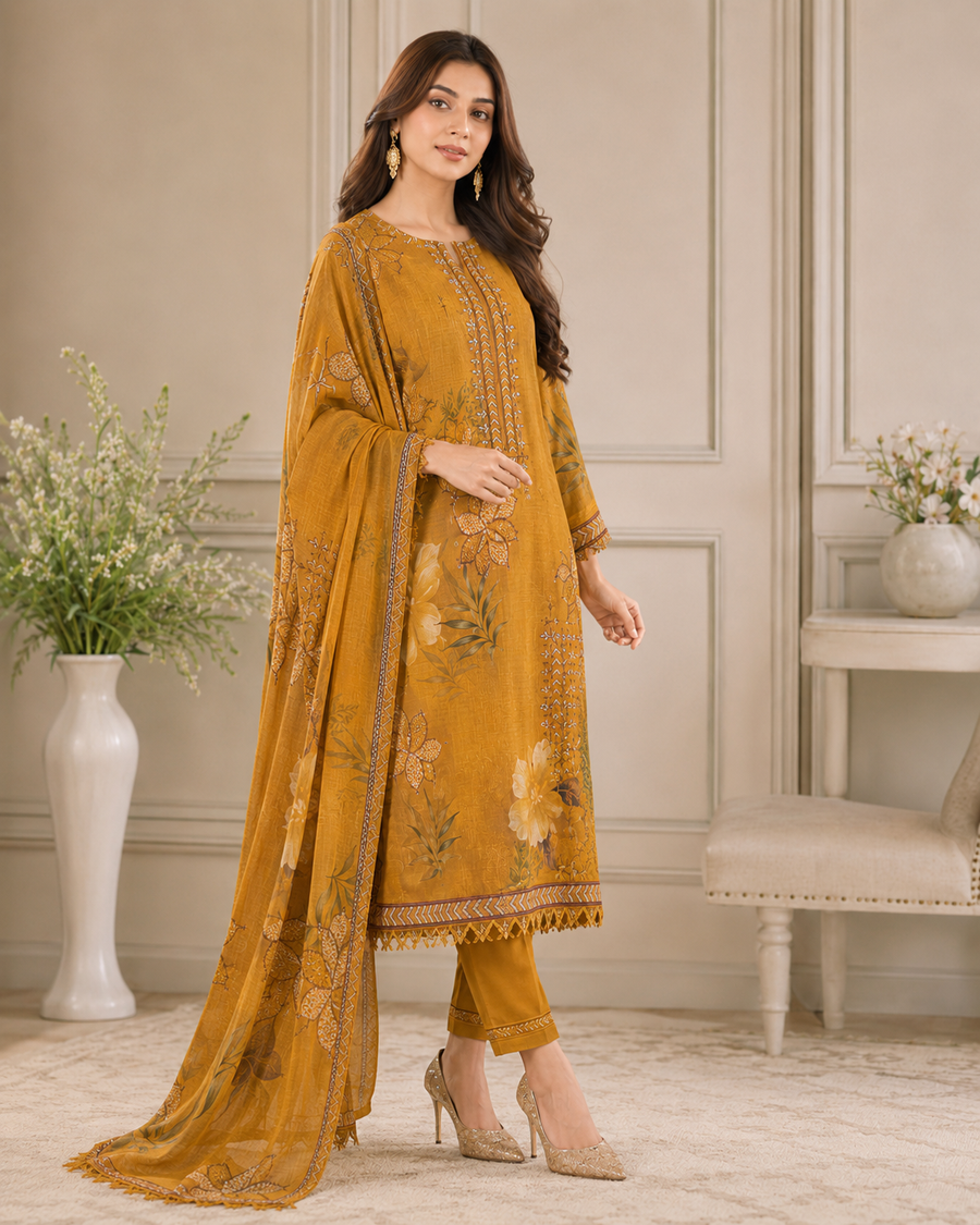 Ladies Premium Mustard Floral Embroidered 3-Piece Unstitched Suit