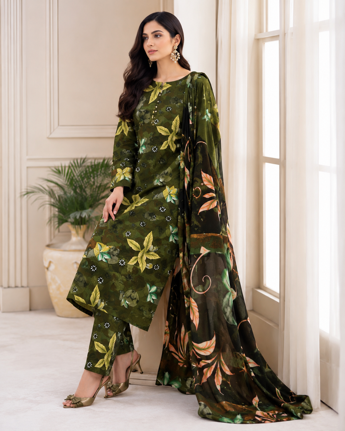 Olive Green Digital Printed Lawn – Women’s 3-Piece Unstitched Suit