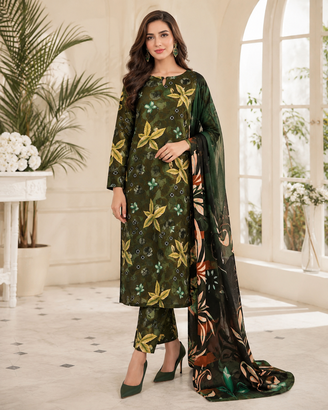 Olive Green Digital Printed Lawn – Women’s 3-Piece Unstitched Suit