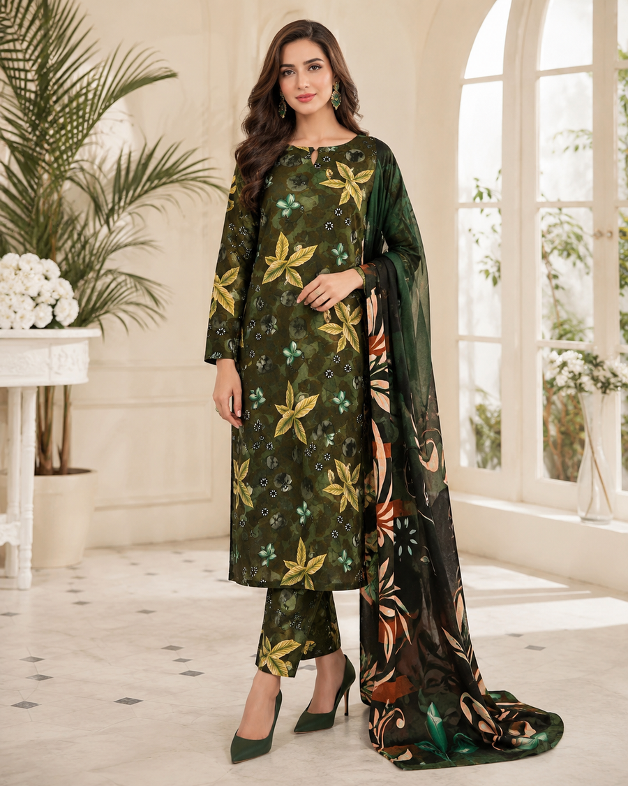 Olive Green Digital Printed Lawn – Women’s 3-Piece Unstitched Suit