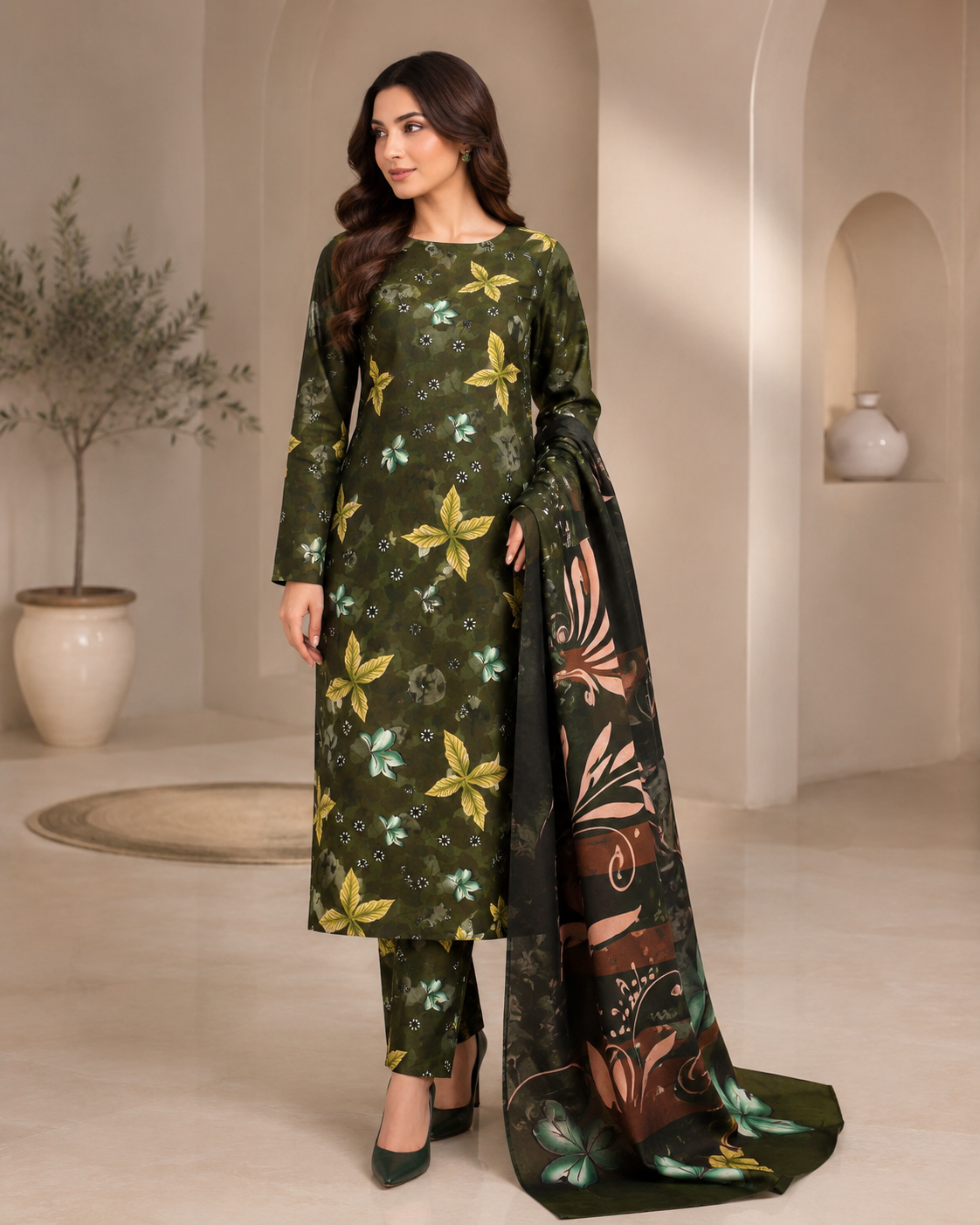 Olive Green Digital Printed Lawn – Women’s 3-Piece Unstitched Suit