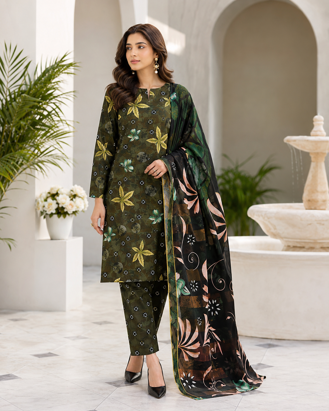 Olive Green Digital Printed Lawn – Women’s 3-Piece Unstitched Suit