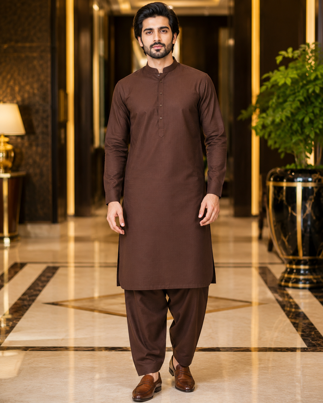 Dark Chocolate Brown Lining Texture Cotton – Men’s 2-Piece Unstitched Suit