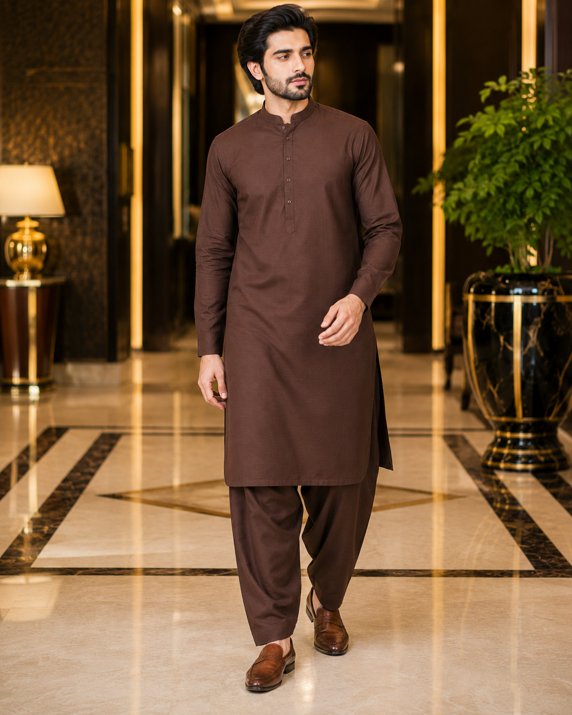 Dark Chocolate Brown Lining Texture Cotton – Men’s 2-Piece Unstitched Suit