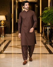 Dark Chocolate Brown Lining Texture Cotton – Men’s 2-Piece Unstitched Suit