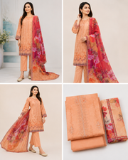 Peach Beige Embroidered Digital Lawn Suit – 3 Piece