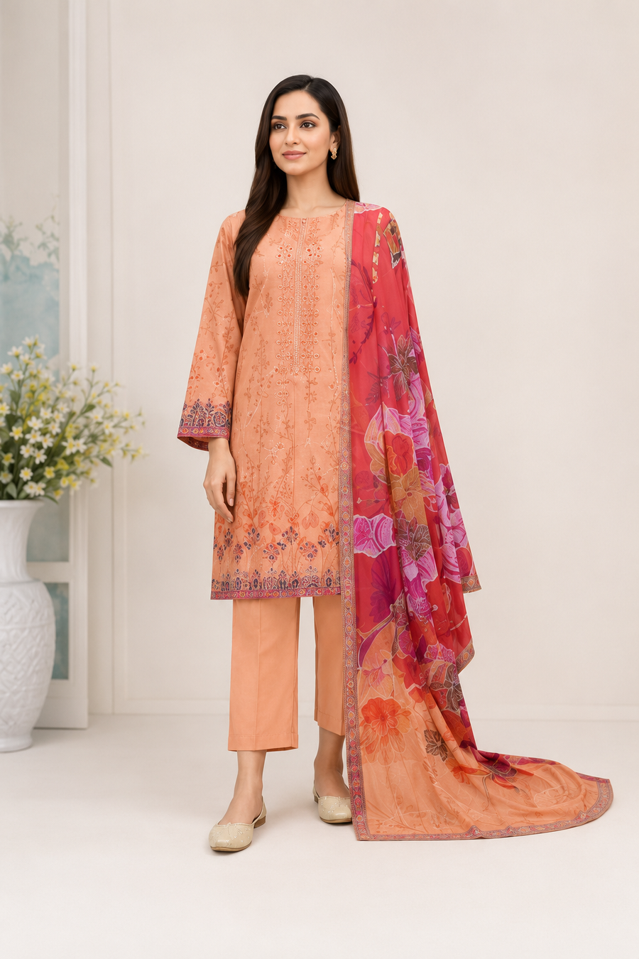 Peach Beige Embroidered Digital Lawn Suit – 3 Piece