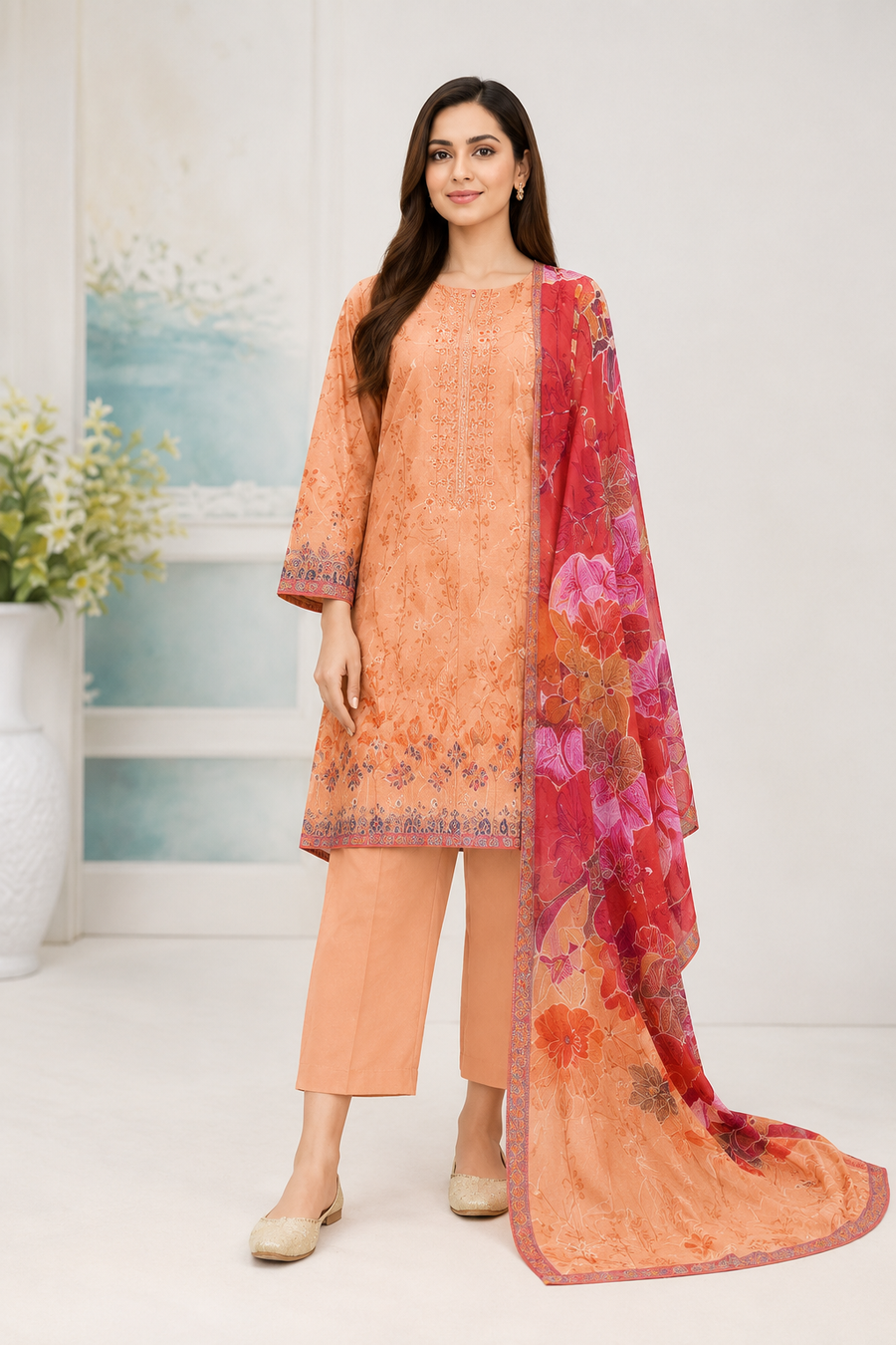 Peach Beige Embroidered Digital Lawn Suit – 3 Piece