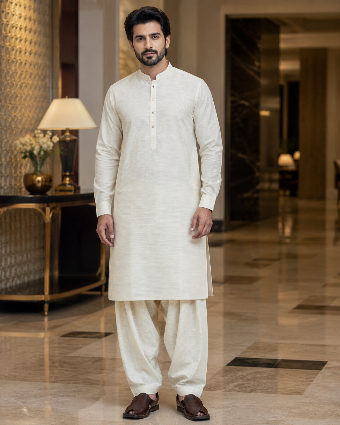 Pearl White Lining Texture Cotton – Men’s 2-Piece Unstitched Suit