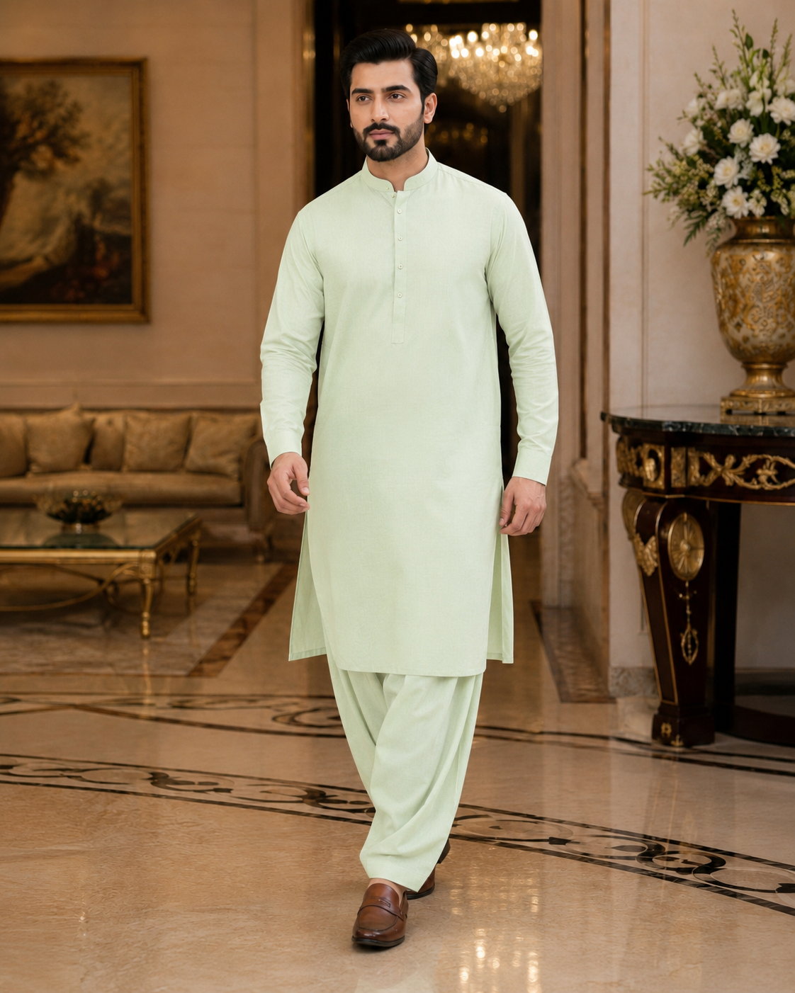 Pistachio Green Plain Cotton – Men’s Unstitched Suit