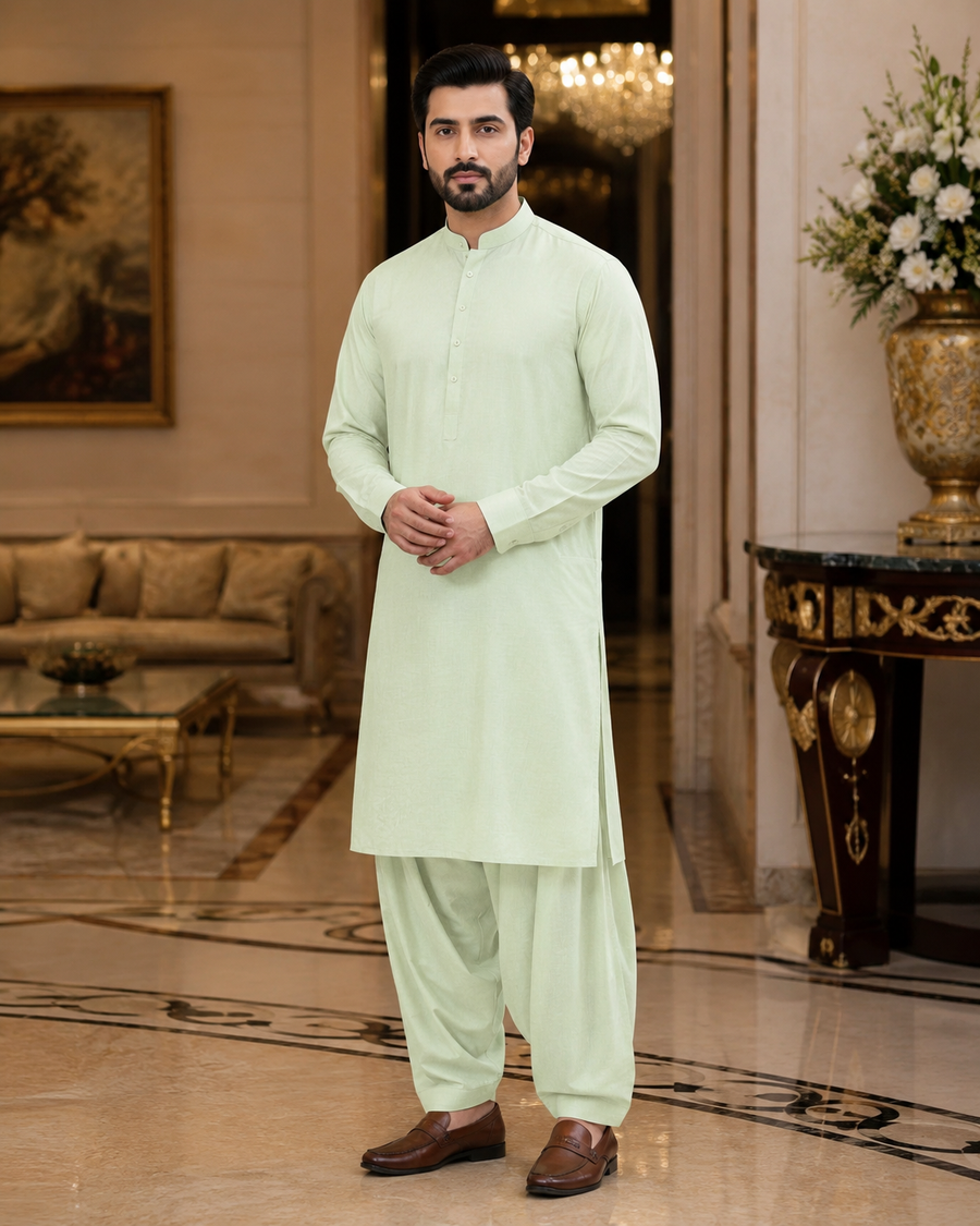 Pistachio Green Plain Cotton – Men’s Unstitched Suit