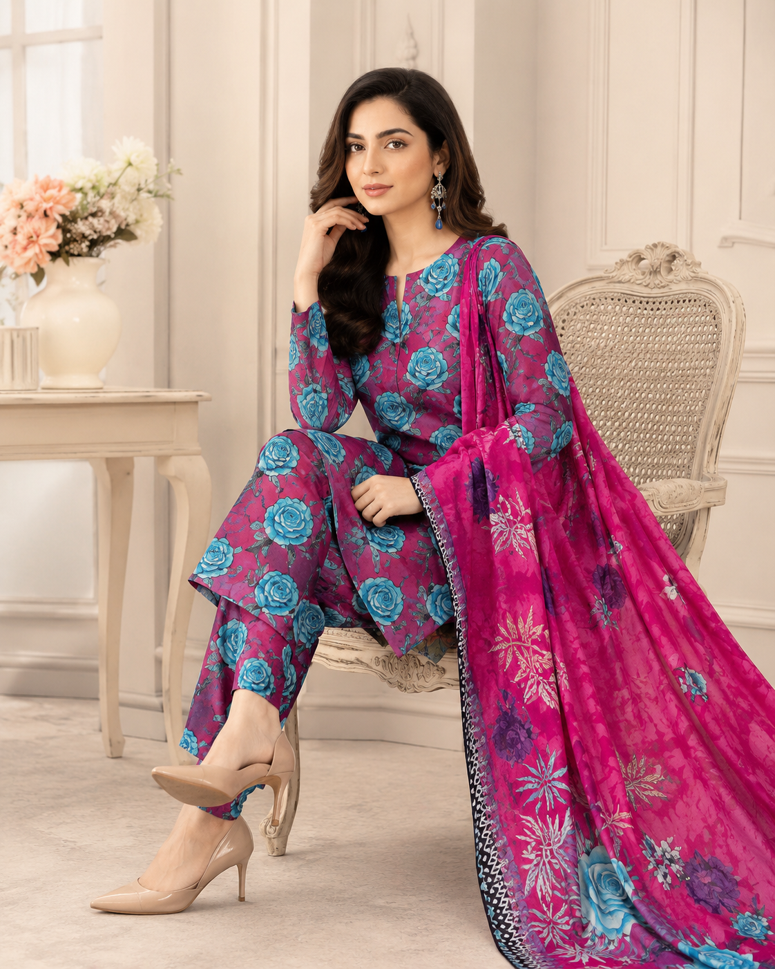 Premium Magenta Floral Digital Printed Lawn – Women’s 3-Piece Unstitched Suit