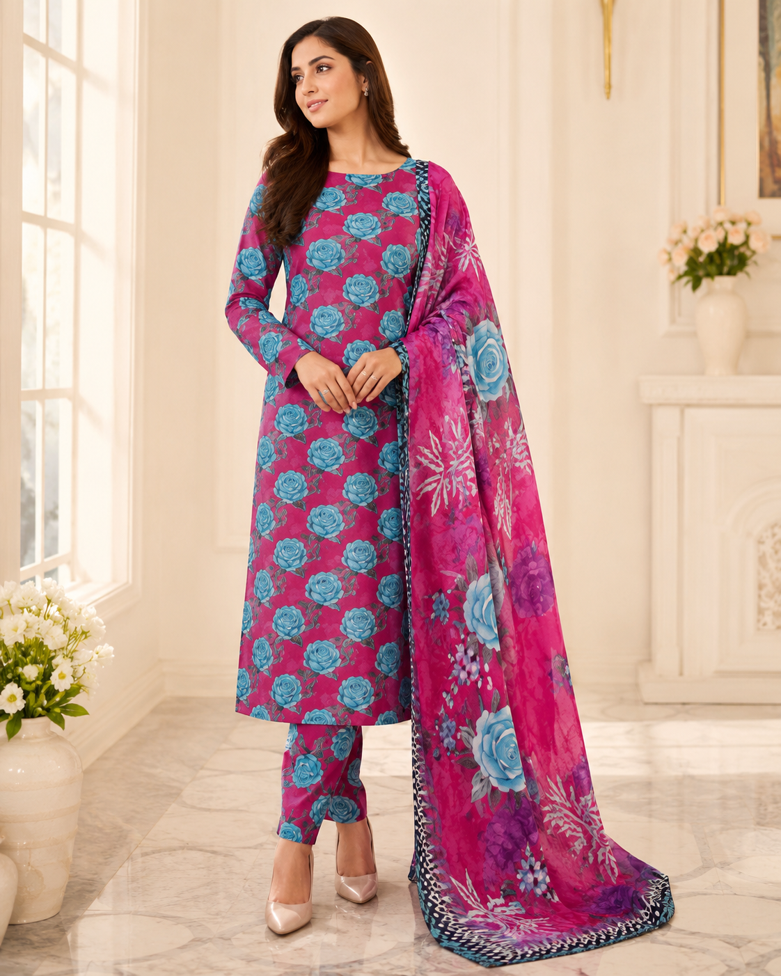 Premium Magenta Floral Digital Printed Lawn – Women’s 3-Piece Unstitched Suit