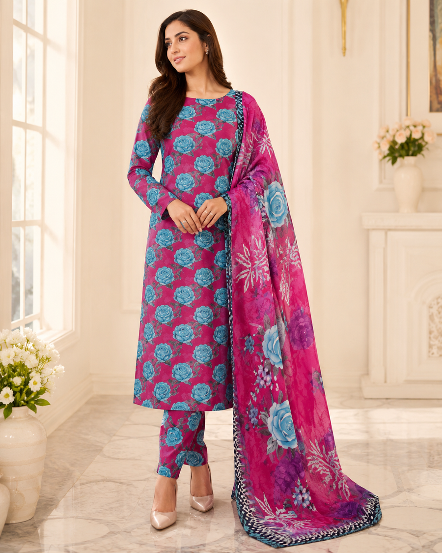 Premium Magenta Floral Digital Printed Lawn – Women’s 3-Piece Unstitched Suit