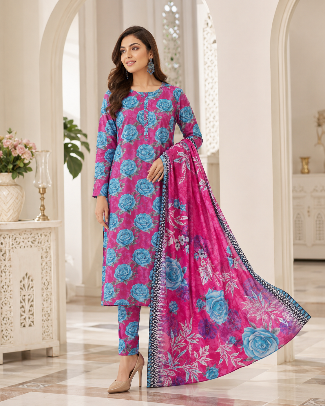 Premium Magenta Floral Digital Printed Lawn – Women’s 3-Piece Unstitched Suit