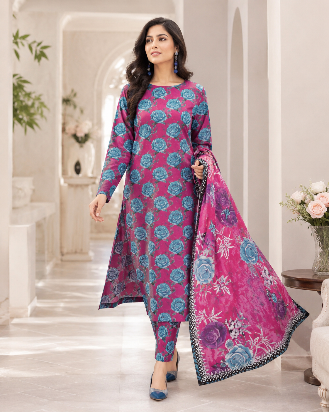 Premium Magenta Floral Digital Printed Lawn – Women’s 3-Piece Unstitched Suit