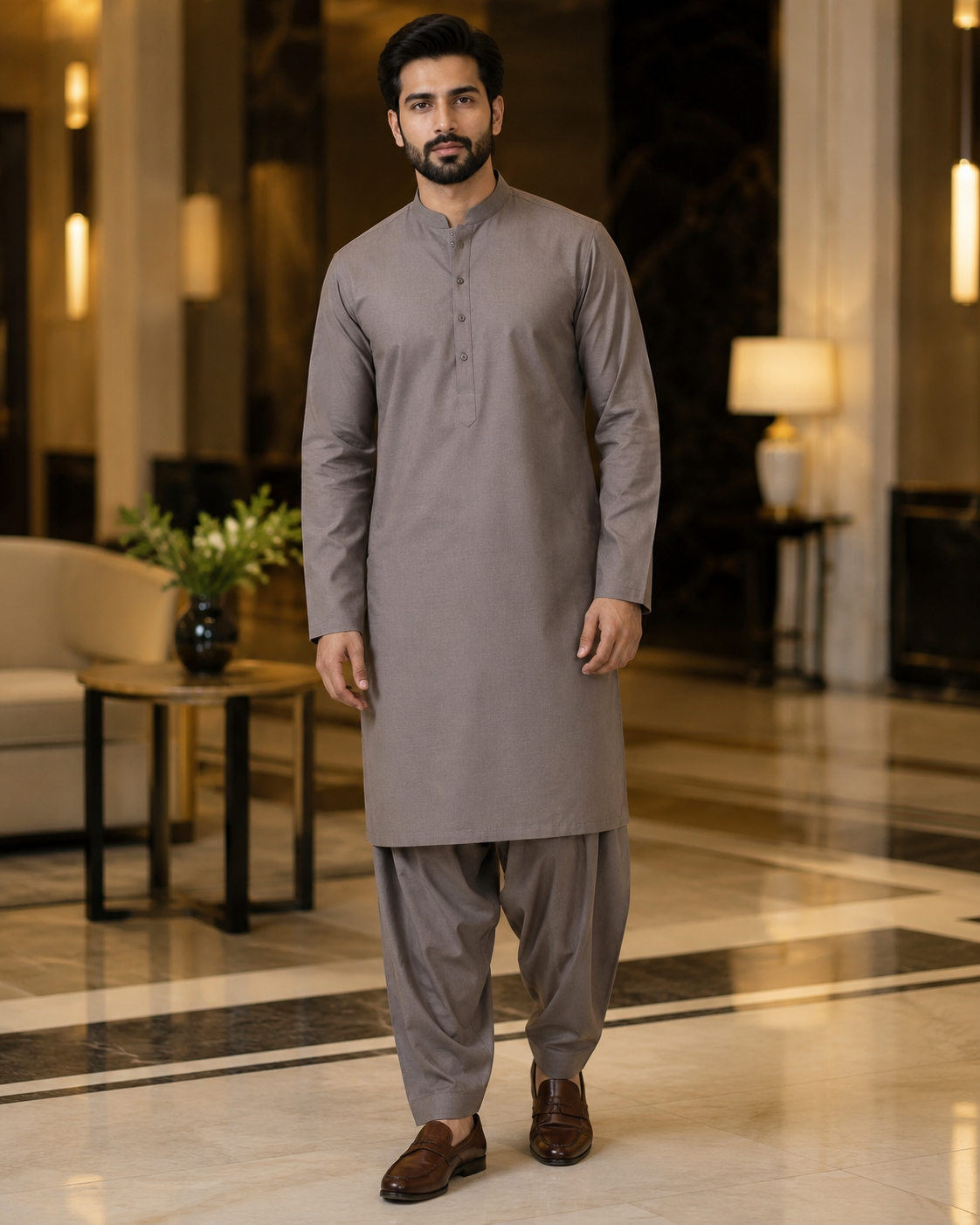 Premium Taupe Grey Plain Cotton – Men’s Unstitched Suit