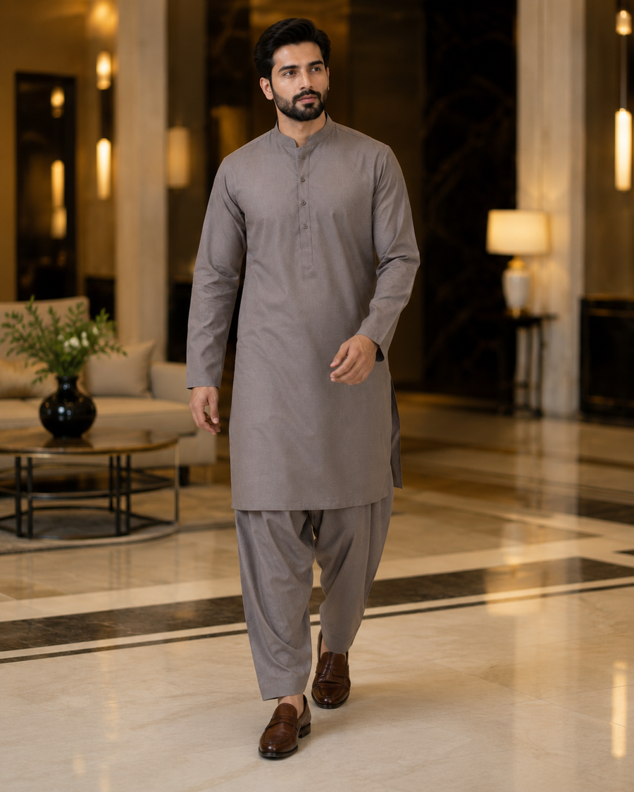 Premium Taupe Grey Plain Cotton – Men’s Unstitched Suit