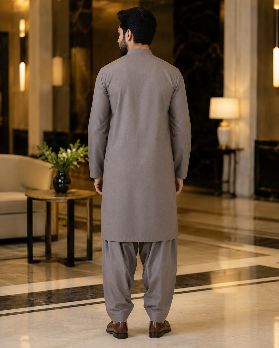 Premium Taupe Grey Plain Cotton – Men’s Unstitched Suit