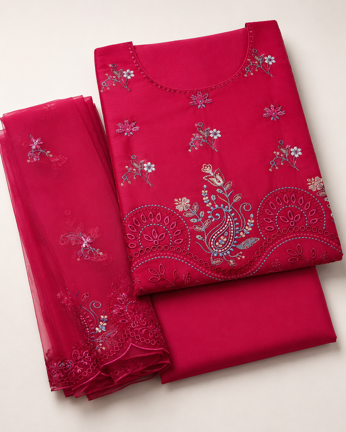 Ladies Premium Crimson Red Embroidered 3-Piece Unstitched Suit