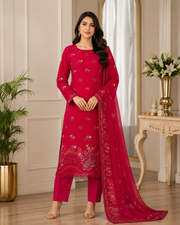 Ladies Premium Crimson Red Embroidered 3-Piece Unstitched Suit