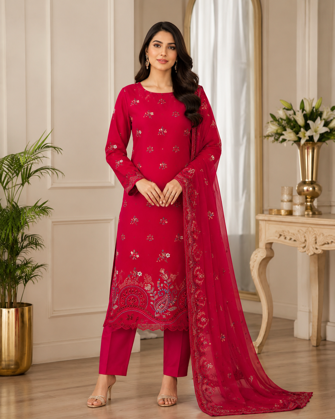 Ladies Premium Crimson Red Embroidered 3-Piece Unstitched Suit