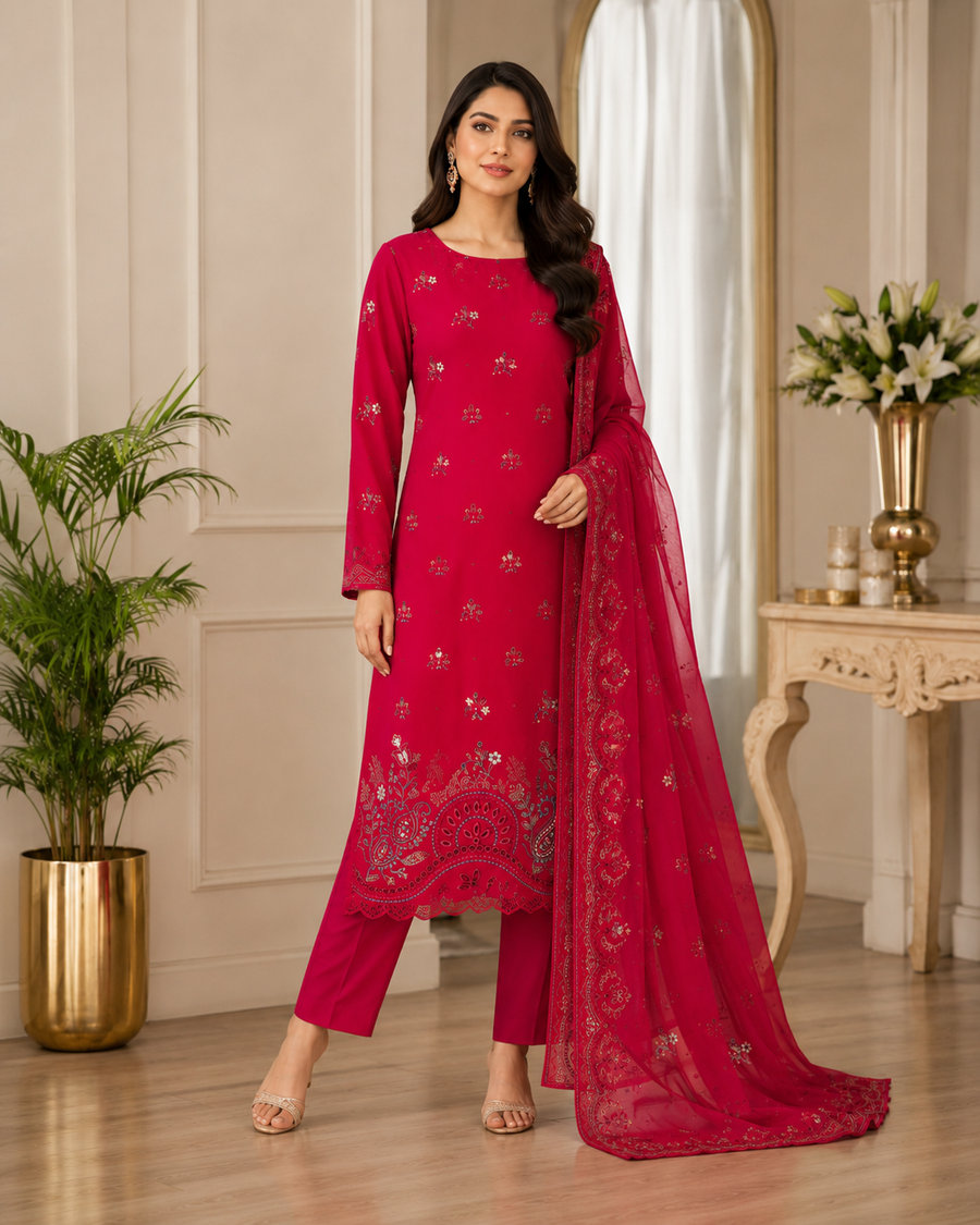 Ladies Premium Crimson Red Embroidered 3-Piece Unstitched Suit