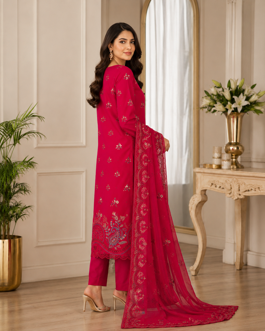 Ladies Premium Crimson Red Embroidered 3-Piece Unstitched Suit
