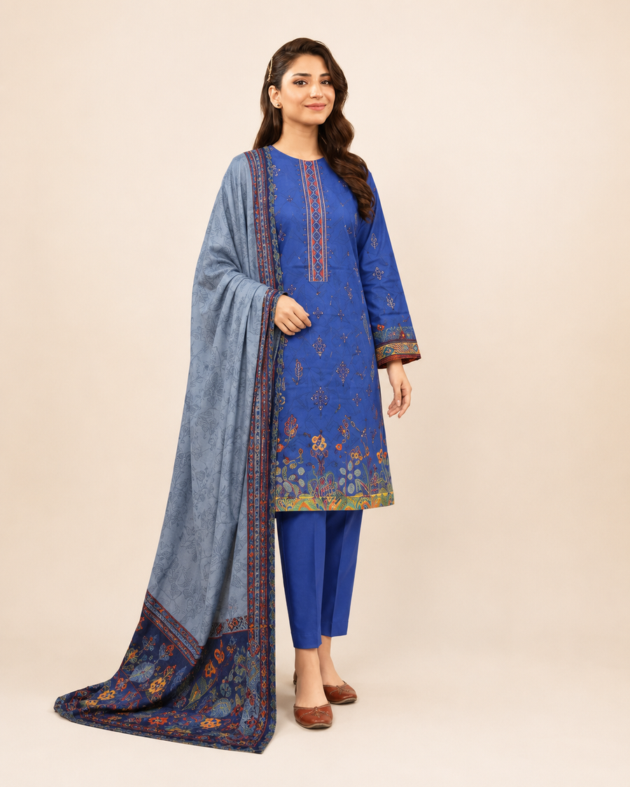 Royal Blue Digital Lawn Cutwork Suit – 3 Piece