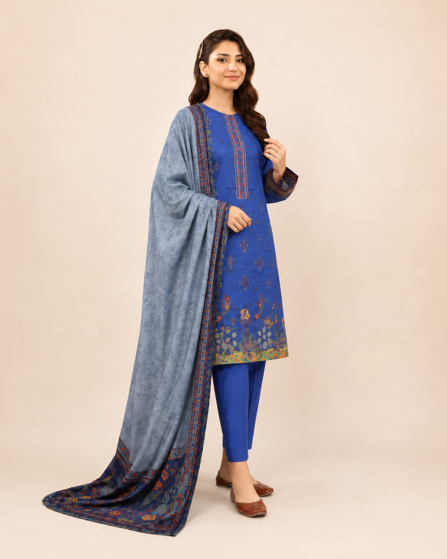 Royal Blue Digital Lawn Cutwork Suit – 3 Piece