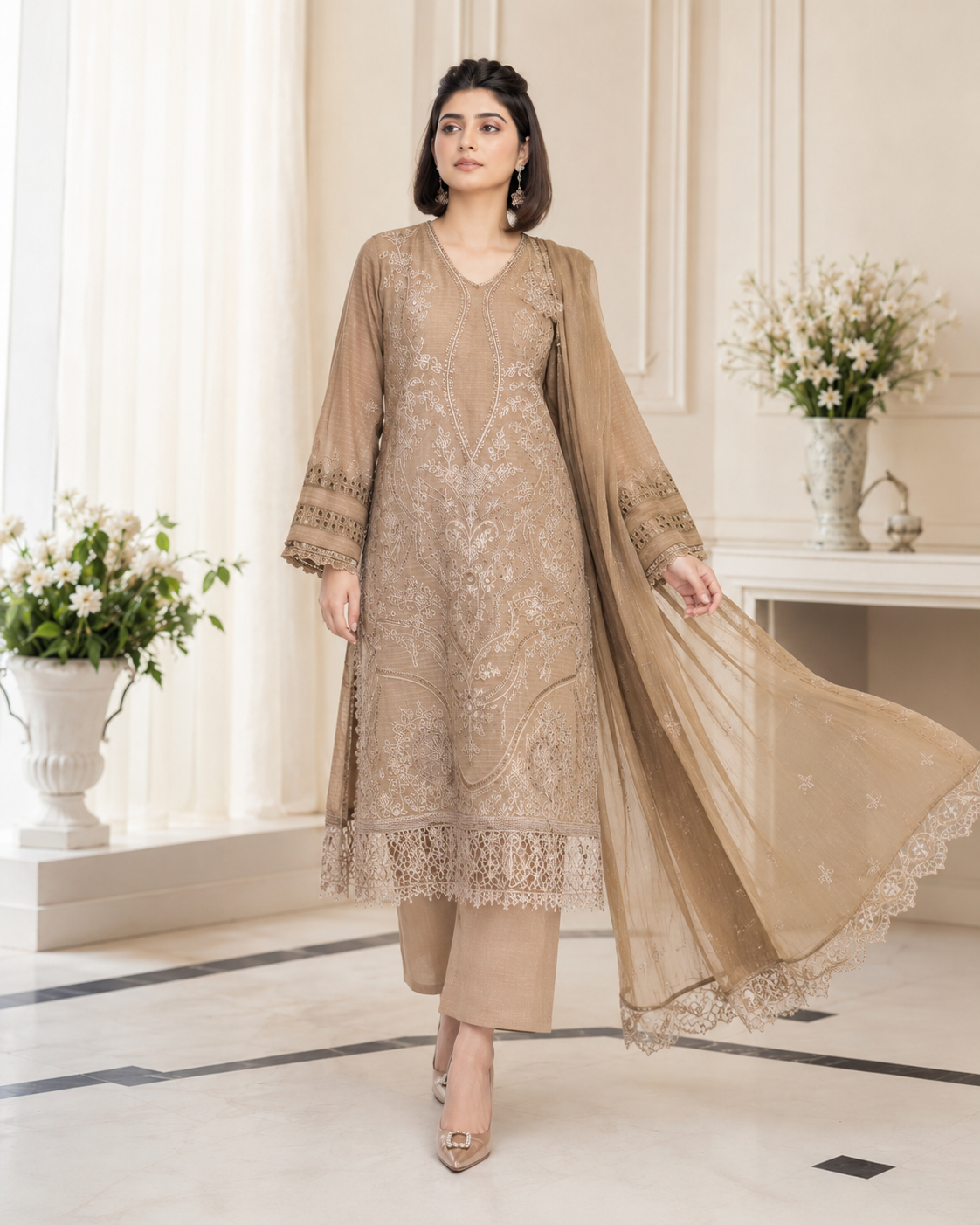 Ladies Premium Taupe Beige Embroidered 3-Piece Unstitched Suit